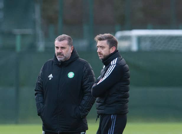Celtic boss Ange Postecoglou (L) has added Harry Kewell to his backroom staff alongside Gavin Strachan (R), son of ex-Whites player Gordon
