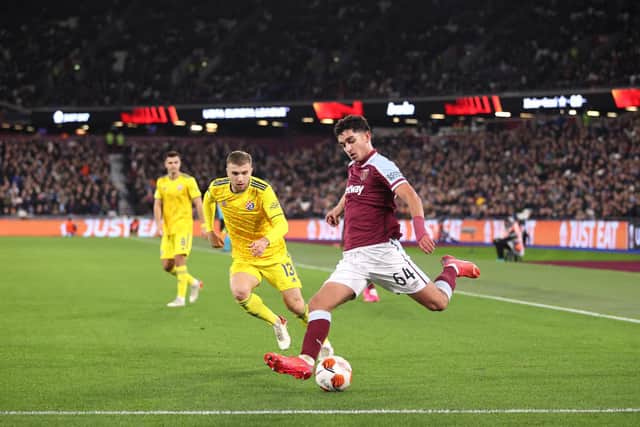 TARGET: Reported Leeds target Sonny Perkins during a rare senior run-out for West Ham during last season's Europa League campaign (Photo by Alex Pantling/Getty Images)