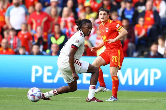 TOP TEST: Leeds United's Dan James, right, nutmegs Dedryck Boyata during Saturday evening's 1-1 draw against Belgium in a Nations League clash at the Cardiff City Stadium. Photo by Michael Steele/Getty Images.