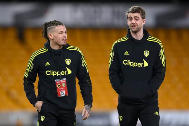 STANDARD-SETTERS: Leeds United duo Kalvin Phillips, left, and Patrick Bamford, right, pictured before the Friday night clash against Wolves at Molineux on March 18. Photo by Laurence Griffiths/Getty Images.