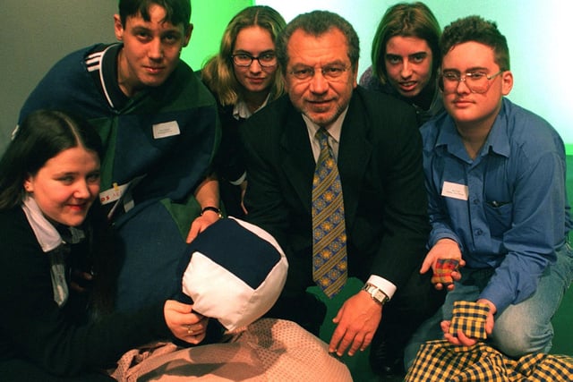 Millionaire Alan Sugar visited young entrepreneurs at Cockburn High. Pictured, from left, are bean-bag makers Kirsty Coggill, Chris Holland, Becky Briggs, Emma Tetley and David Carr.