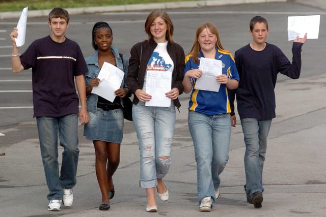 Pictured on GCSE results day in August 2004 are, from left, David Kellett, Neusa Cristovao, Heather Darlow, Katie Adamson and Marc Parker.
