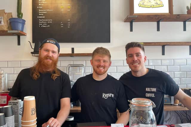 Co-founders Jonathan Greenwood, left, and Jake Gilmour, centre, pictured with staff member Andrew Henry