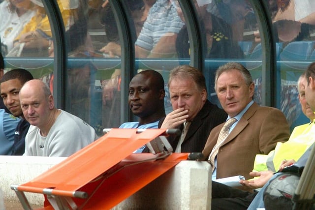 Leeds Legends managers Howard Wilkinson and Kevin Blackwell watch the action.