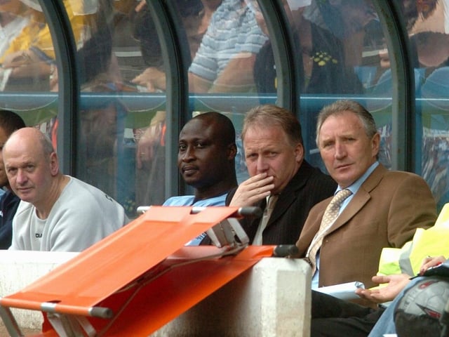 Leeds Legends managers Howard Wilkinson and Kevin Blackwell watch the action.
