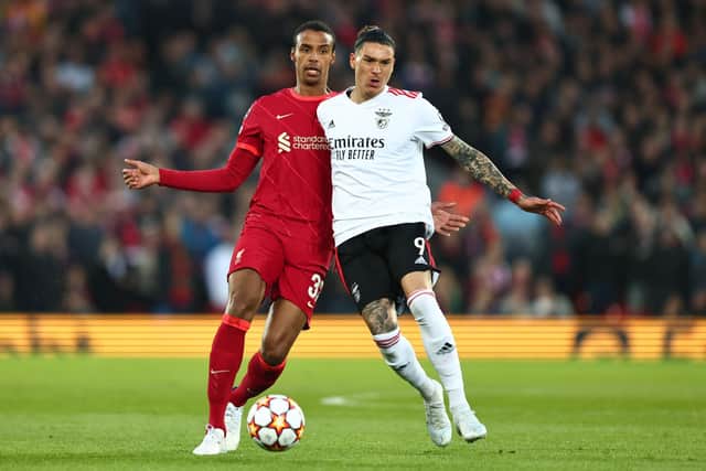 DEAL: Liverpool have agreed a fee with Benfica for the purchase of Uruguayan striker Darwin Nunez (R) (Photo by Marc Atkins/Getty Images)