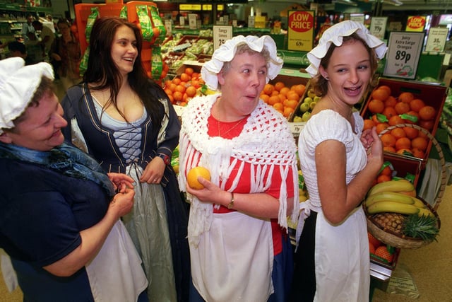 Morrisons shop assistants in traditional dress at the Hunslet store to mark the supermarket's 100th birthday. Pictured, from lefty, are Judith Dyson, Vicky Twiddle, Carol Loughlan and Catherine Hiley.