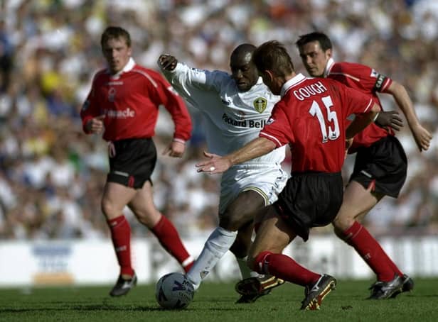 RIVALRY RENEWED: Jimmy Floyd-Hasselbaink looks to evade Richard Gough the last time Leeds United and Nottingham Forest met in the country's top division way back in April 1999. Photo by Tony O''Brien /Allsport via Getty Images.