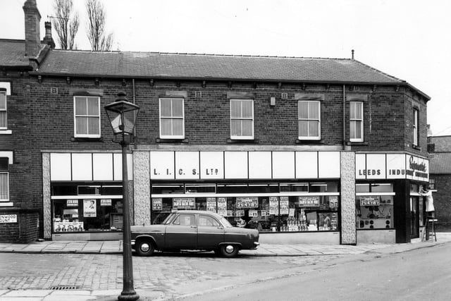 A Leeds Industrial Co-op Society Ltd supermarket with a butchers to the front and a bakers at the back on Green Road in March 1966.