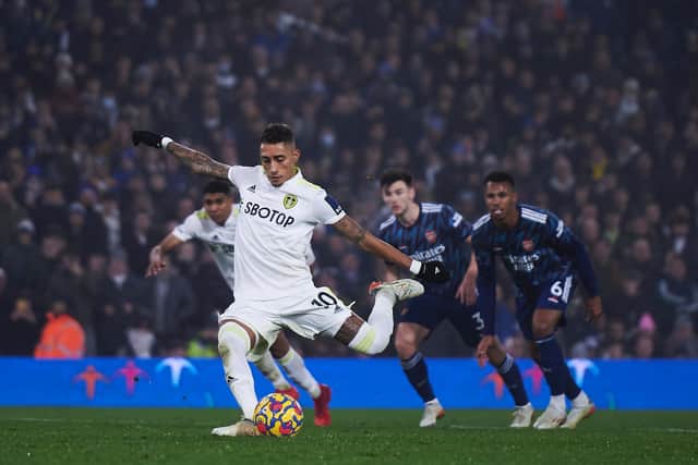STRIKE: Leeds United winger Raphinha scores a consolation at Elland Road as the Whites lose to Arsenal (Photo by Francisco Macia/Quality Sport Images/Getty Images)