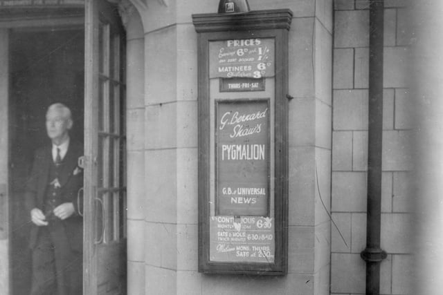 The cinema entrance with price list and board advertising George Bernard Shaw's Pygmalion in May 1939.