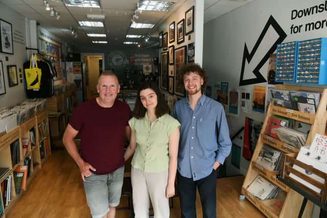The Vinyl Whistle, Headingley. From left: Jon Moss, Amber Strawbridge and Freddie Noonan. Photo: Jonathan Gawthorpe