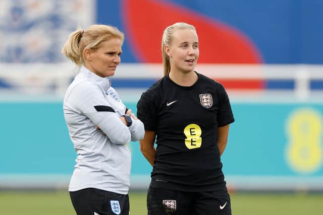 England head coach Sarina Wiegman (left) chats to Beth Mead at St George's Park earlier this week Picture: Lynne Cameron/Getty Images