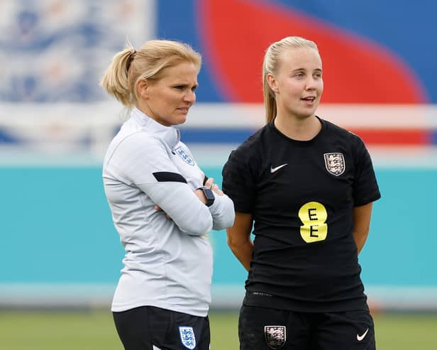 England head coach Sarina Wiegman (left) chats to Beth Mead at St George's Park earlier this week Picture: Lynne Cameron/Getty Images