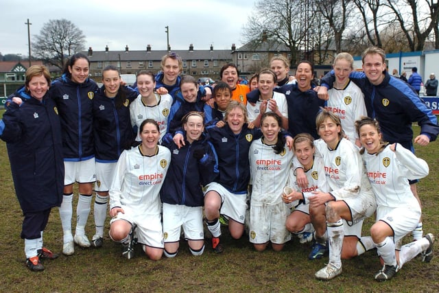 Leeds Ladies celebrate victory against Liverpool Ladies in the FA Cup semi-final at Guiseley AFC in March 2006.
