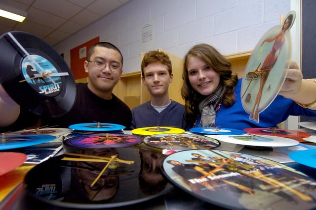 A group of sixth form pupils at Lawnswood School launched  their own company making and selling 'record clocks' as part of the Young Enterprise Scheme. Pictured, from left, are Adam Diep, Andrew Palliser and Victoria Windsor.