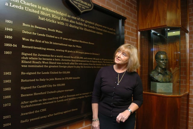 Leeds United legend John Charles's widow Glenda views a bust and plaque of her husband in the entrance to the John Charles Stand at Elland Road.