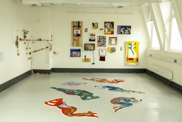 Works by Ruby Judge (floor), Issy Morse (back left) and Aaron Jolley (back central).