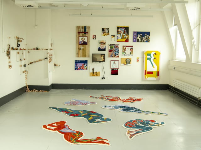 Works by Ruby Judge (floor), Issy Morse (back left) and Aaron Jolley (back central).