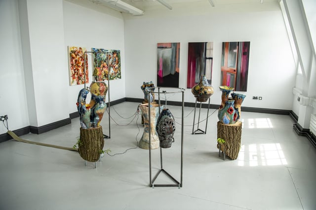 Works by Suilven Hunter (front), Emily Oades (back left) and Eabha Lambe (back right).