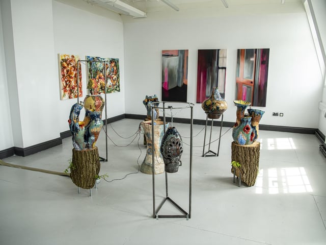 Works by Suilven Hunter (front), Emily Oades (back left) and Eabha Lambe (back right).