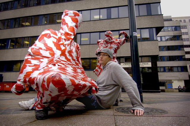 Situation Leeds contemporary artist Tom Poultney taped up some of sculpture around the city centre in May 2007.