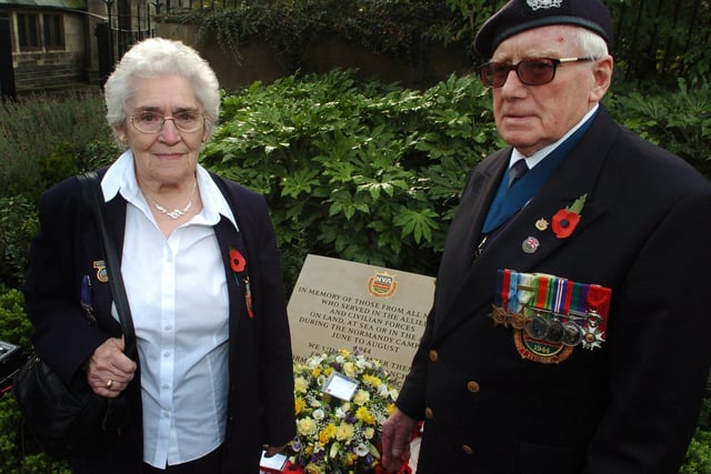 The first plaque in commemoration of the WW2 Normandy veterans was unveiled in the memorial gardens on Merrion Street in October 2007.. Pictured next to the plaque is Madge Farr, secretary of the Normandy Veterans Association with national chairman Eddie Slater.