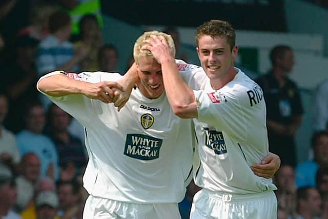 Matthew Kilgallon and Frazer Richardson celebrate going ahead during Leeds United's 1-0 win over Derby County in 2004. Pic: Bryn Lennon.
