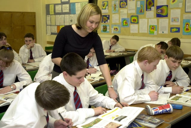 Miss Morris takes a Year 10 class at Garforth Community College in February 2000.