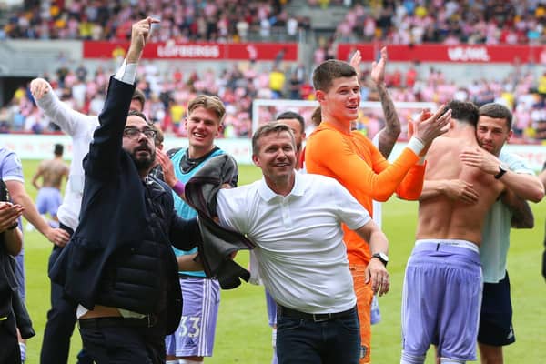 BUILDING: Leeds United director of football Victor Orta, left, hails Whites head coach Jesse Marsch, centre, after the final day survival at Brentford.
Photo by Craig Mercer/MB Media/Getty Images.