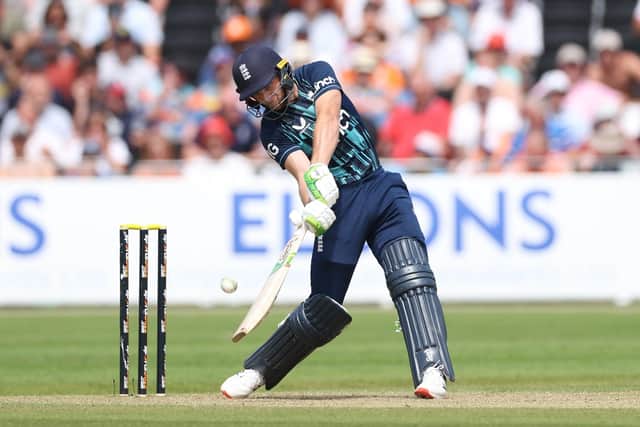 England's Jos Buttler hits one of 14 sixes in his century against the Netherlands  in Amstelveen Picture: Richard Heathcote/Getty Images