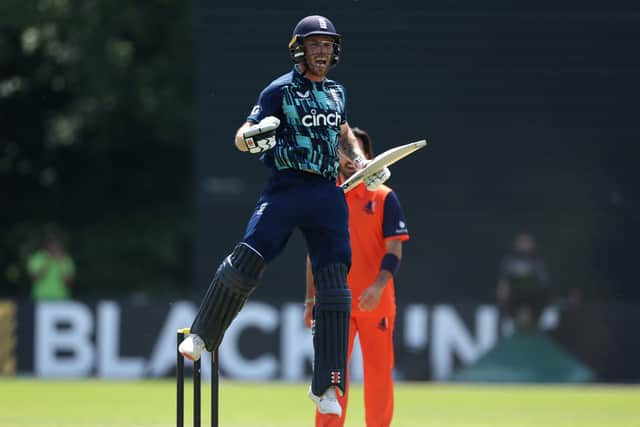 MAGICAL MOMENT: England's Phil Salt celebrates reaching his century against the Netherlands in Amstelveen Picture: Richard Heathcote/Getty Images