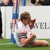 Rhinos' Caitlin Beevers scores England's second try in their win over France at Warrington. Picture by Paul Currie/SWpix.com.