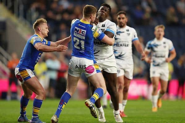 Justin Sangare is tackled by Rhinos' Morgan Gannon during Toulouse's defeat at Headingley in April. Picture by  John Clifton/SWpix.com