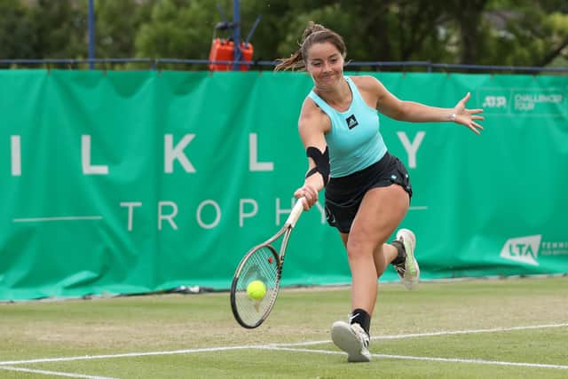 Jodie Burrage plays a forehand shot. (Photo by Lewis Storey/Getty Images for LTA)