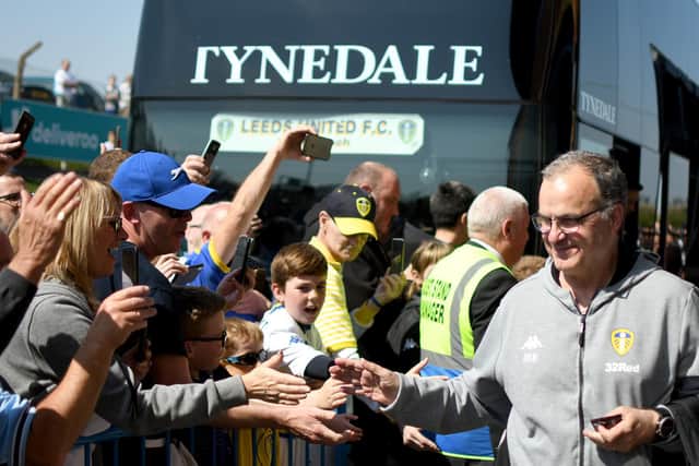 Former Leeds United manager Marcelo Bielsa greets fans outside Elland Road in April 2019. Pic: George Wood.