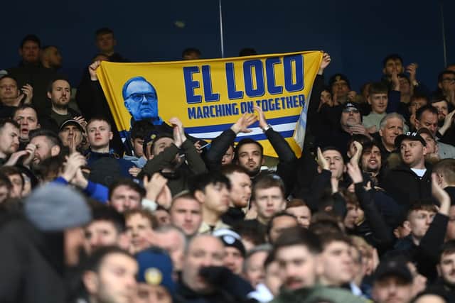 Leeds United fans show their love for departed manager Marcelo Bielsa during the first game after his departure, a 1-0 defeat to Leicester City at King Power Stadium. Pic: Michael Regan.
