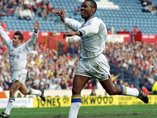 Rod Wallace celebrates with the Elland Road faithful.