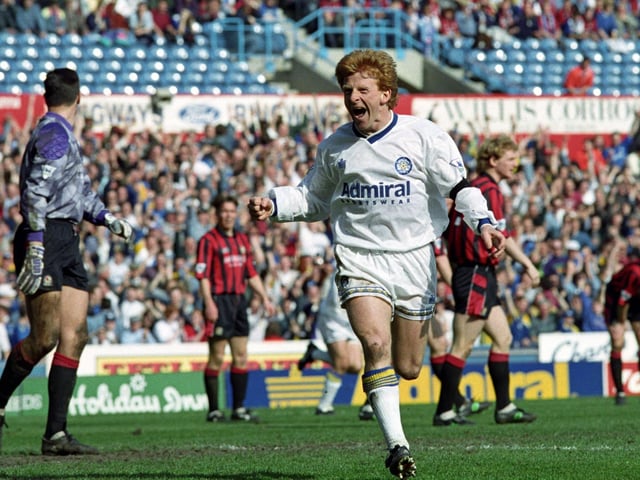 Gordon Strachan celebrates scoring. He had completed his hat-trick by the 50th minute.