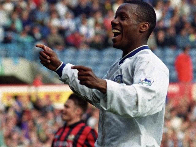 Rod Wallace celebrates scoring after 67 minutes to put Leeds United 4-0 up.