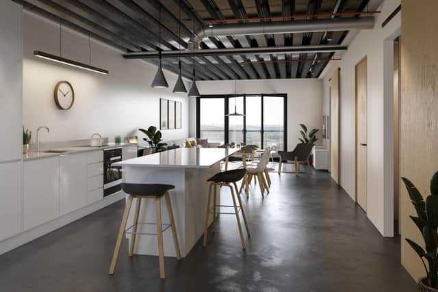 Every Aire Loft features huge windows. As well as flooding the apartments with natural light, they also open up, to reveal a Juliet balcony.