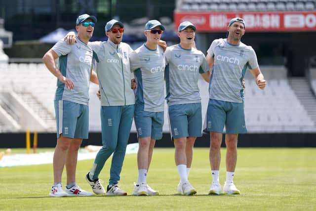 England's Alex Lees, Joe Root, Harry Brook, Matthew Potts and James Anderson (left-right) have a laugh during Tuesday's nets session at Headingley. Picture: Tim Goode/PA