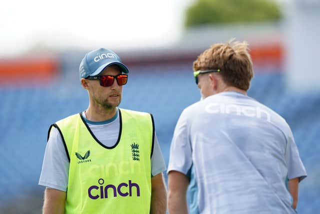 England's Joe Root and Ollie Pope during a nets session at Headingley Stadium, Leeds. (Picture; PA)