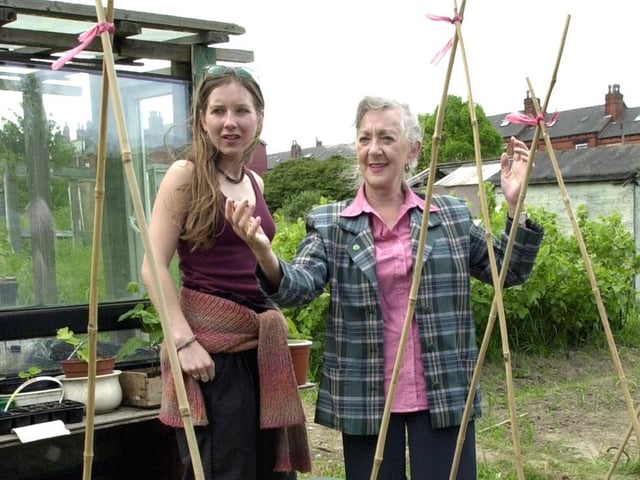 Coronation Street actress Thelma Barlow visited Leeds on a green fingered mission. She is pictured discussing organic gardening with Grounds For Change co-ordinator Helen Stathers at the Hovingham Avenue allotments in Harehills.