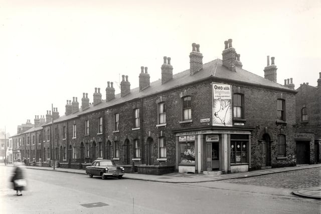Meanwood Road with its junction with Patti Street in April 1958. This was the edge of the Little London area, verging onto Sheepscar.
