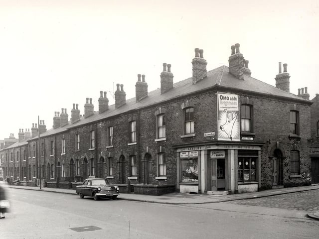 Meanwood Road with its junction with Patti Street in April 1958. This was the edge of the Little London area, verging onto Sheepscar.