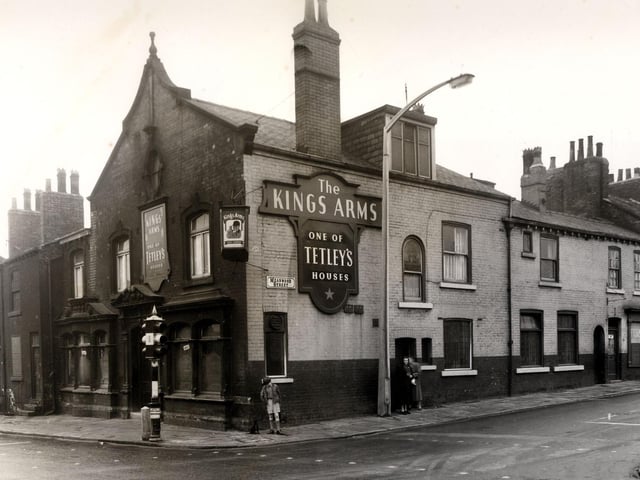 The Kings Arms pub on Meanwood Road in April 1958. Meanwood Street is on the right. This public house was demolished and a replacement built when the new Little London estate was constructed. This in turn was demolished.