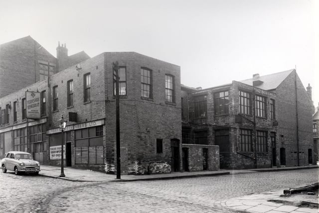 Yorkshire Veneers Ltd on Samuel Street in April 1958. Fieldhead Terrace runs to the right. The back of the Victory cinema can be seen.