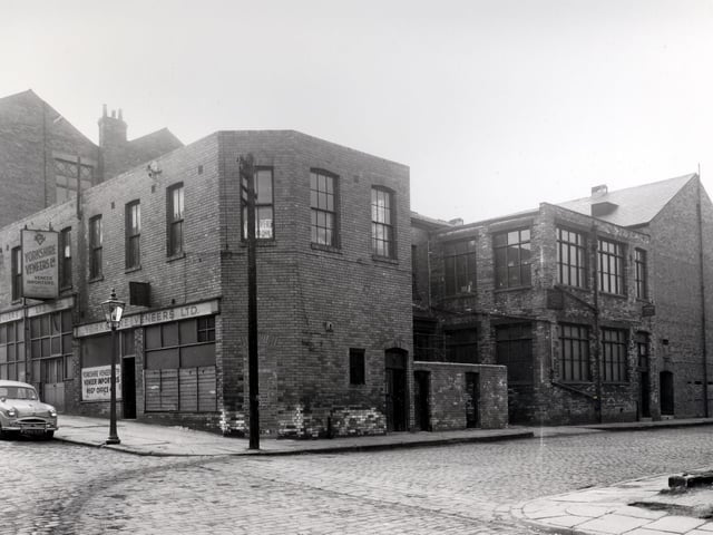 Yorkshire Veneers Ltd on Samuel Street in April 1958. Fieldhead Terrace runs to the right. The back of the Victory cinema can be seen.