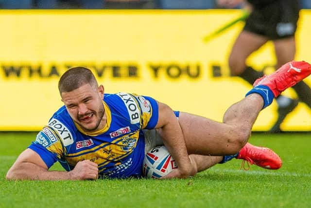 Leeds Rhinos forward James Bentley in recent tryscoring action against Wakefield Trinity. Picture: Bruce Rollinson.